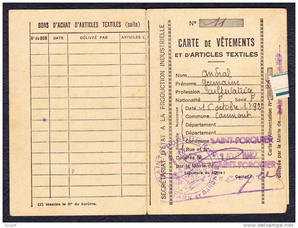 Carte De Vêtements Et D'articles 1942 Tarn Et Garonne - Autres & Non Classés