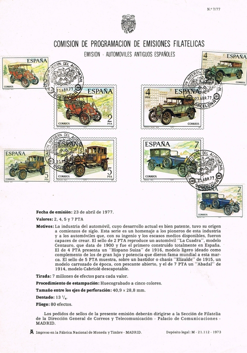 Hoja Emision Coches Antiguos 1977. Num 2409-2412 º - Cartas & Documentos