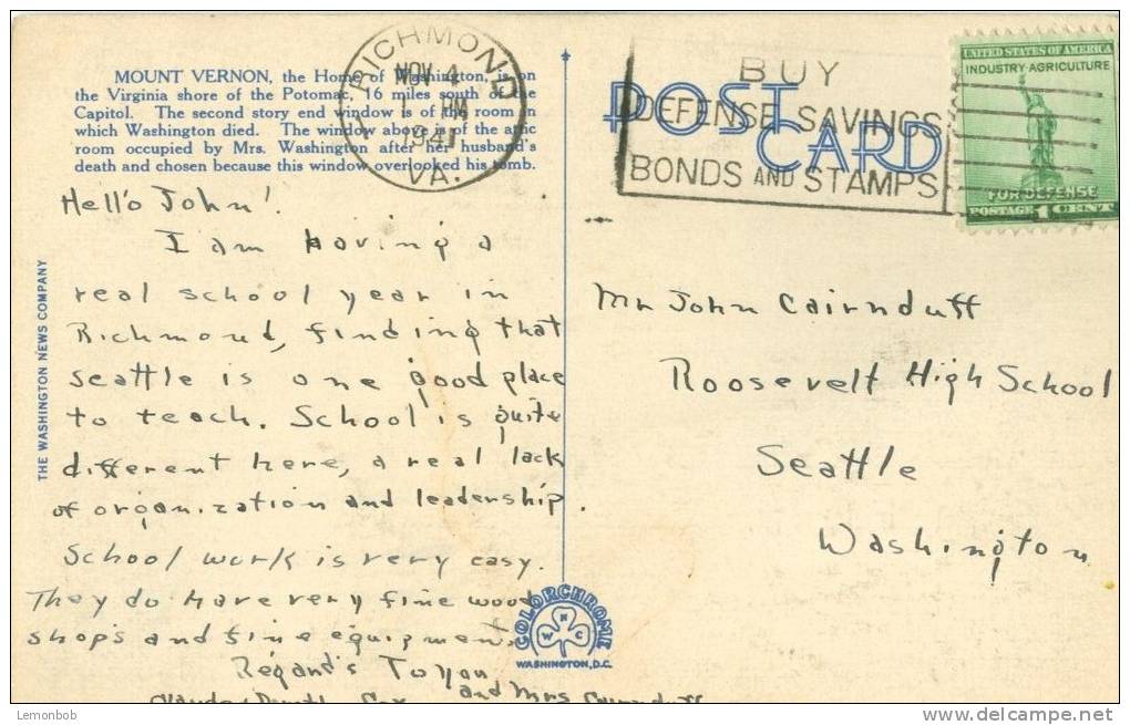USA – United States – Home Of Washington, Mt. Vernon, VA, 1941 Used Postcard [P6014] - Altri & Non Classificati