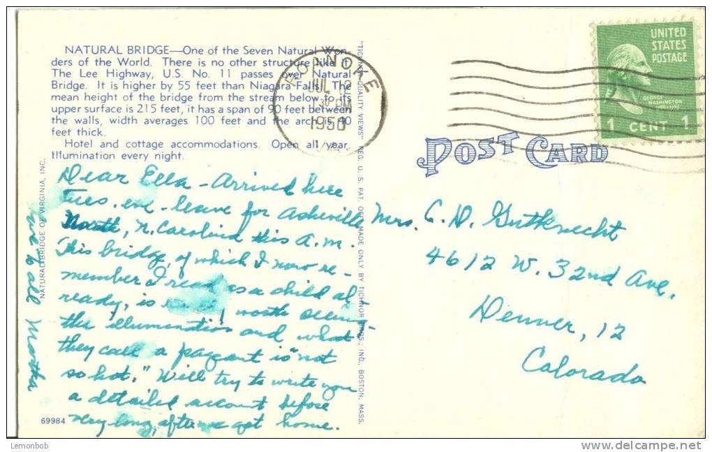 USA – United States – Natural Bridge, VA, 1950 Used  Linen Postcard [P6015] - Altri & Non Classificati