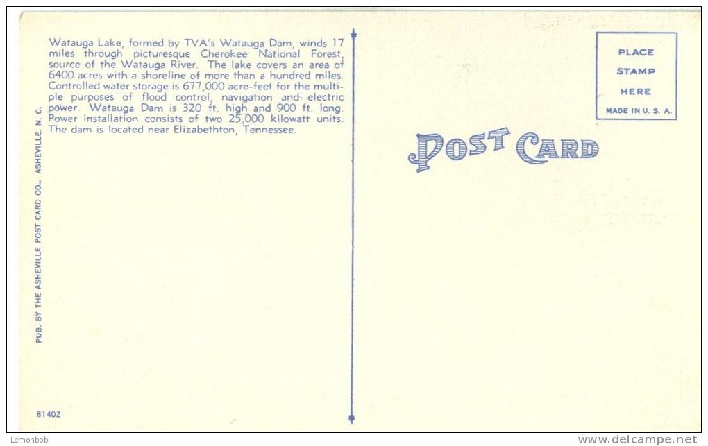 USA – United States – Watauga Lake, Eastern Tennessee, Unused Linen Postcard [P6017] - Other & Unclassified