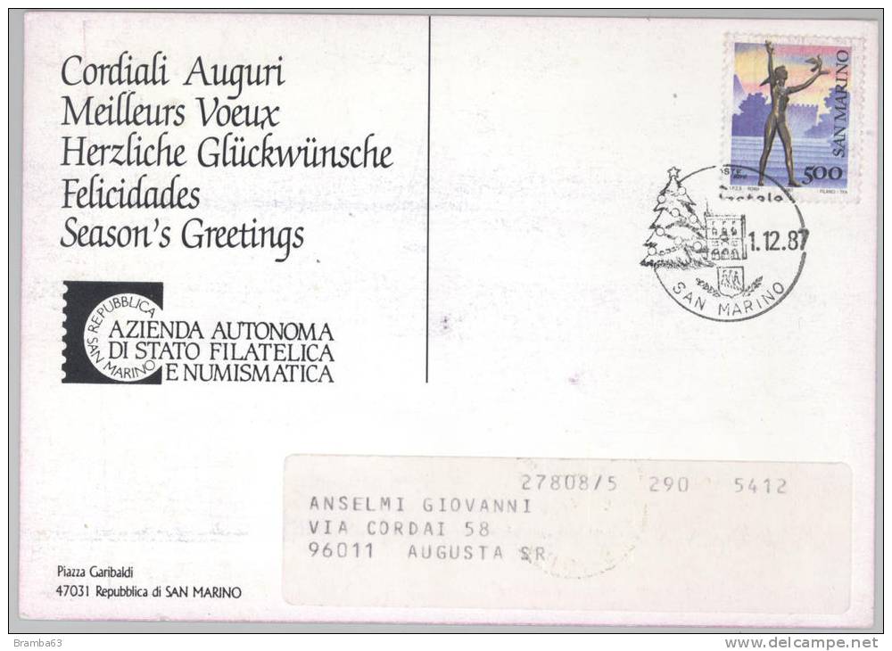 1987 L.500 Berti (San Marino) Cartolina Commemorativa 75° Anniv. UPU San Marino Augusta - Covers & Documents