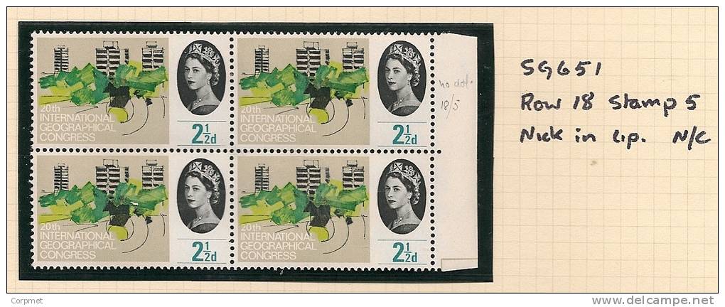 UK - Variety  SG 651 - Row 18 Stamp 5  NICK In LIP  - MLH - Variétés, Erreurs & Curiosités