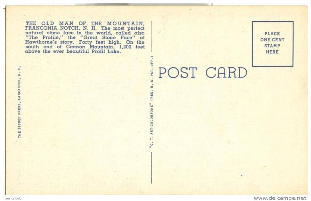 USA – United States – The Old Man Of The Mountain, Franconia Notch, White Mountains, NH, Unused Linen Postcard [P6080] - White Mountains