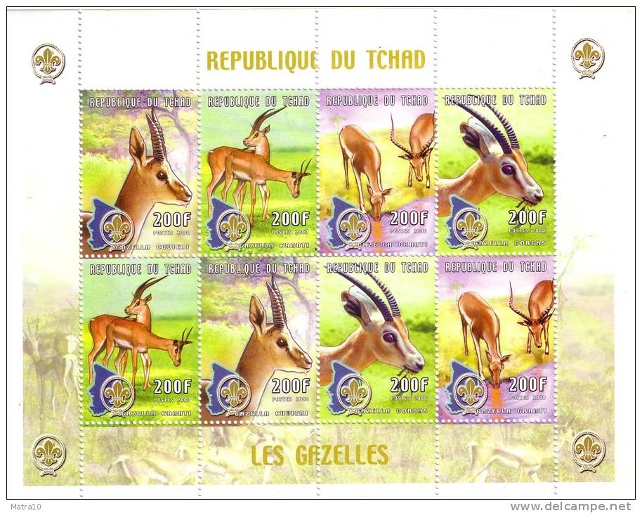 TCHAD CHAD CIAD TJAAD 2000 RARE WWF GAZELLA GRANTI GAZELLE GAZZELLA SCOUT MAP CARTE FEUILLET SHEETLET FOGLIETTO 8V - Gibier