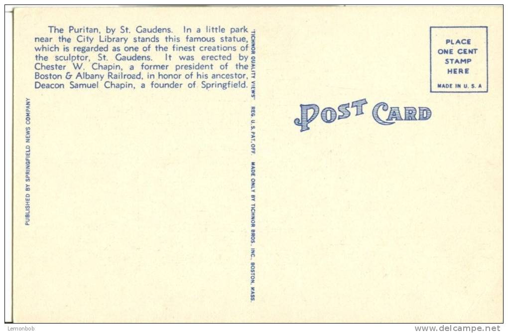 USA – United States – St. Gaudens, The Puritan, Merrick Park, Springfield Mass, Unused Linen Postcard [P6094] - Springfield