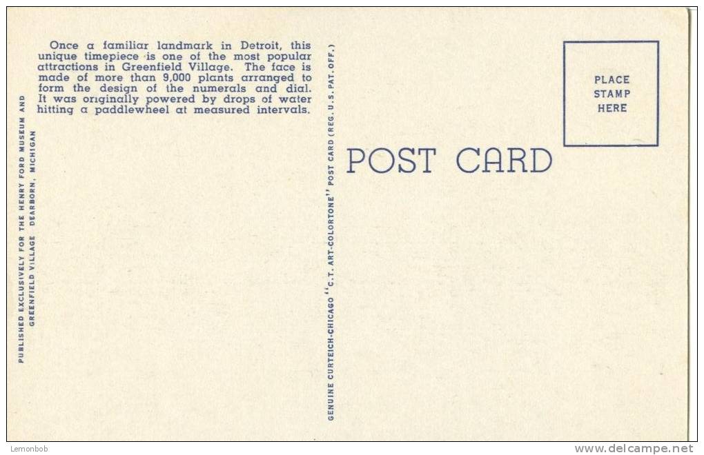 USA – United States – Floral Clock, Greenfield Village, Dearborn, Michigan, Unused Postcard [P6096] - Dearborn