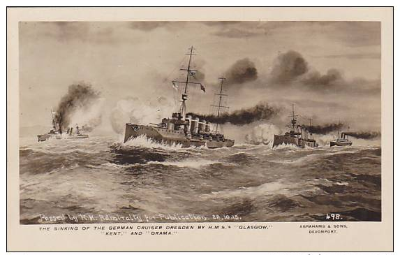 RP; Sinking Of German Cruiser "DRESDEN" By HMS's "Glascow,Kent & Orama",Falkland Islands, 1915 - Falkland Islands