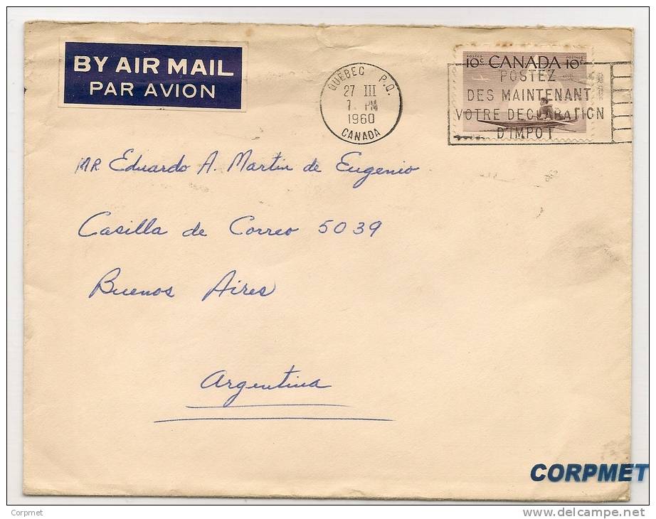 CANADA - 1960 COVER From QUEBEC To ARGENTINA - At Back NOTRE DAME DU CAP Closing Vignette - Histoire Postale