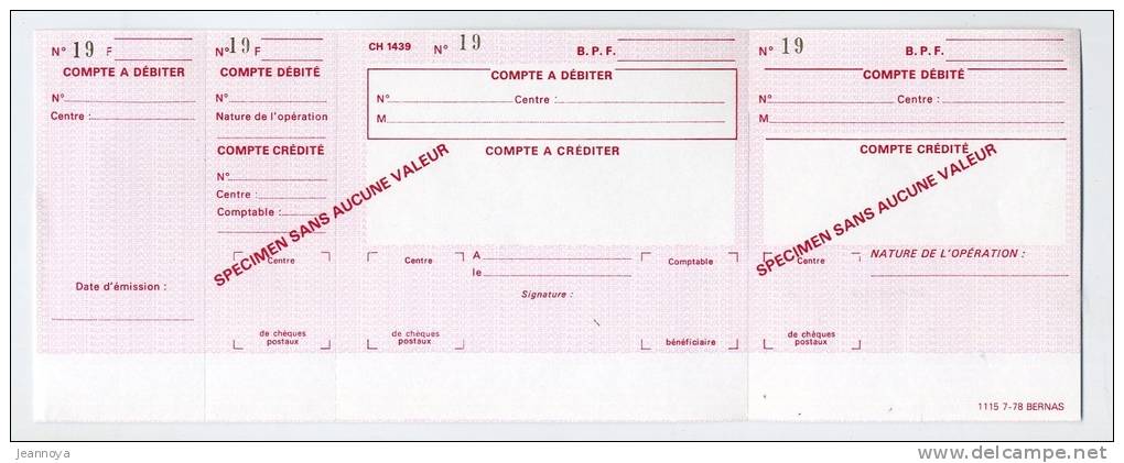 FRANCE - SPECIMEN DE CHEQUE POUR VIREMENT POSTAL - SUP - Specimen