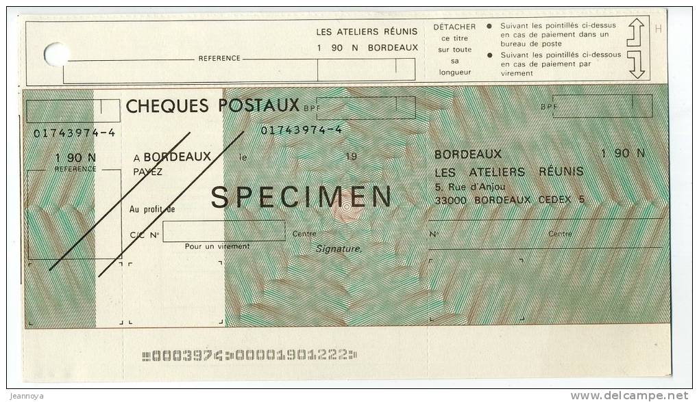 FRANCE - SPECIMEN DE CHEQUE POSTAL D'ORGANISME SOCIAL - SUP - Specimen