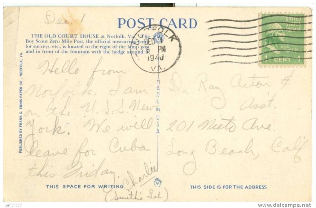 USA – United States – Court House, Norfolk, VA, 1940 Used Linen Postcard [P6128] - Norfolk