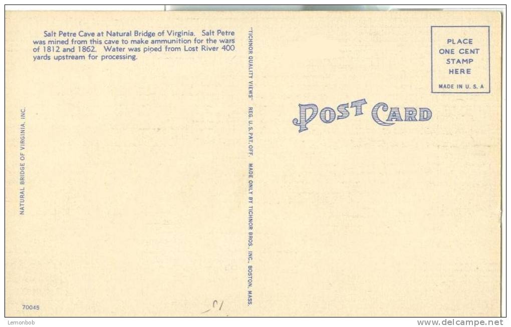 USA – United States – Salt Petre Cave, Natural Bridge, Virginia, Unused Linen Postcard [P6138] - Altri & Non Classificati