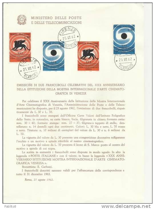 ITALIA REPUBBLICA 1962 MOSTRA D´ARTE DI VENEZIA SERIE COMPLETA TIMBRATA SU BOLLETTINO UFFICIALE - Presentation Packs