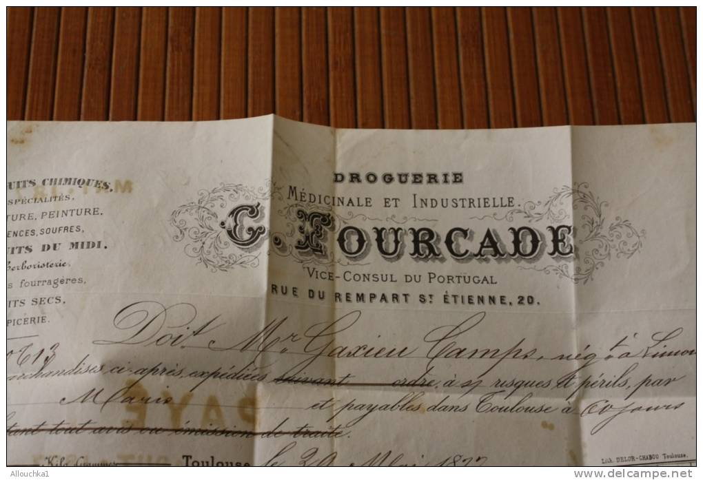 1877 LETTRE  FACTURE:FOURCADE TOULOUSE &gt;ST ETIENNE LOIRE P/ NEGOCIANT A LIMOUX AUDE TIMBRE TYPE SAGE VERT 5C MARCOPHI