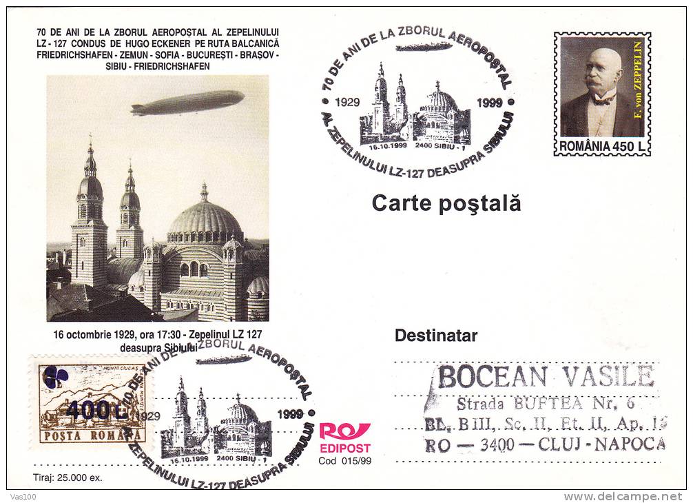 ROMANIA 1999 POSTCARD STATIONERY, Zeppelins  LZ-27 Obliteration Sibiu. - Zeppelins