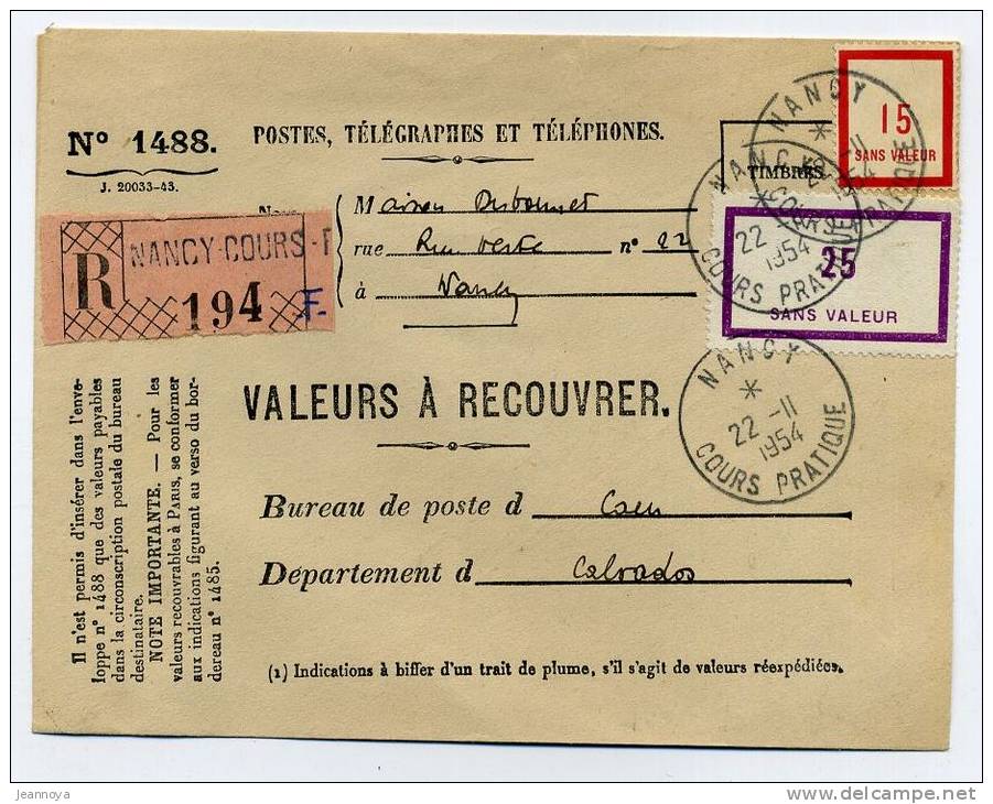 FRANCE - FICTIFS F58 + F86 / VALEUR À RECOUVRER, COURS D´INSTRUCTION NANCY LE 22/11/1954 - TB - Finti