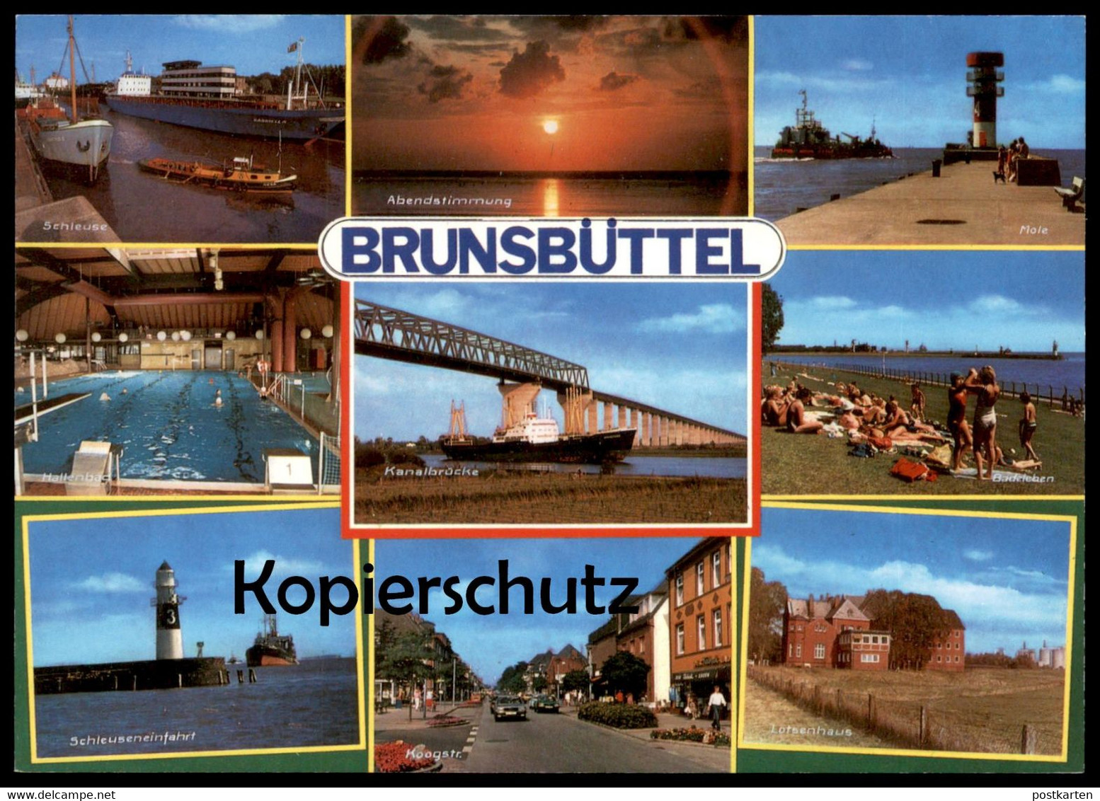 ÄLTERE POSTKARTE BRUNSBÜTTEL FRACHTSCHIFF SCHLEUSE HALLENBAD KANALBRÜCKE MOLE ABENDSTIMMUNG KOOGSTRASSE Ansichtskarte - Brunsbuettel