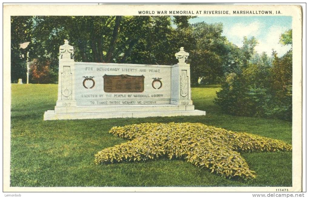 USA – United States – World War Memorial At Riverside, Marshalltown, Iowa, 1950 Used Postcard [P6160] - Sonstige & Ohne Zuordnung