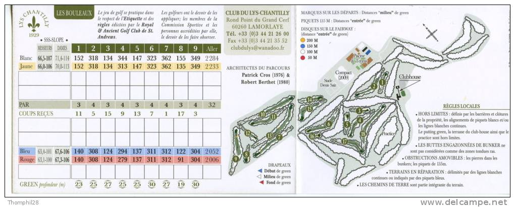 CHANTILLY - LAMORLAYE - Golf CLUB DU LYS-CHANTILLY - LES BOULEAUX - Carte De Marquage - 2 Scans - Chantilly