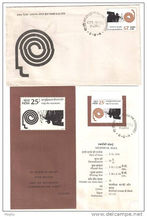 India  1974 FDC + Info., With Stamps, ´ Help The Retardates ´, Health, Mental Disease, Handicap, As Scan - Handicap