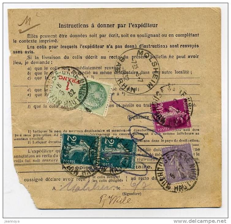 FRANCE - COLIS POSTAUX ALSACE-LORRAINE - DIVERS TP DONT N° 239 PAIRE NON PERFORÉ - TB - Storia Postale