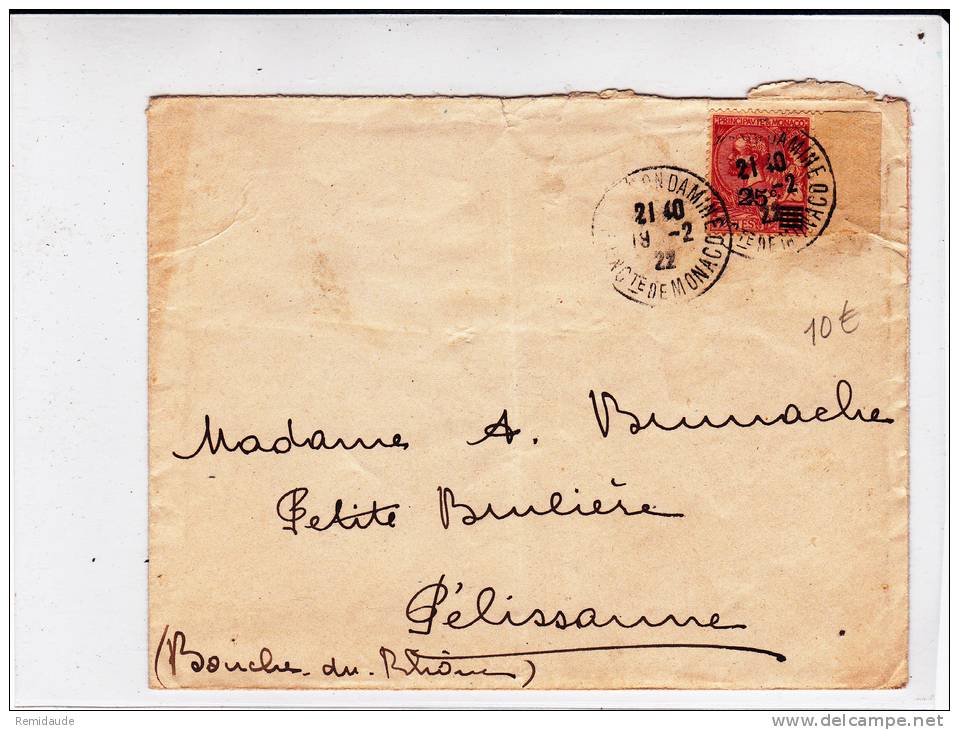 MONACO - TYPE ALBERT 1° - 1922 - YVERT N° 52 (BDF) SEUL Sur ENVELOPPE De MONACO CONDAMINE Pour PELISSANNE - Postmarks