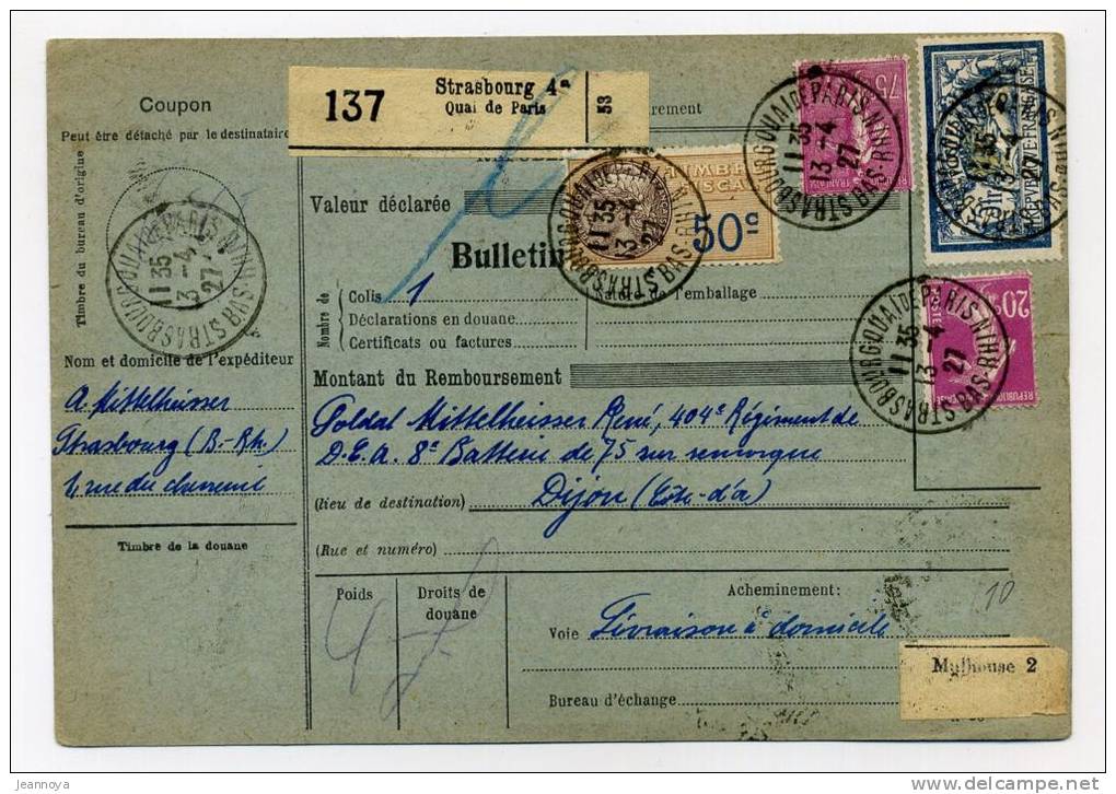 FRANCE - COLIS POSTAUX ALSACE-LORRAINE - DIVERS TP DONT N° 123 PERFORÉ - TB - Covers & Documents