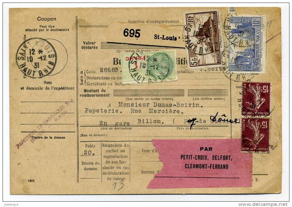 FRANCE - COLIS POSTAUX ALSACE-LORRAINE - DIVERS TP DONT N° 260 & 261 PRE-PERFORÉ - TB - Covers & Documents