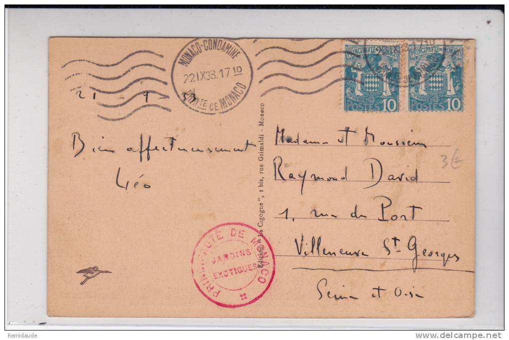 MONACO - 1933 - YVERT N° 76X2 Sur CARTE POSTALE Pour VILLENEUVE SAINT GEORGES - Poststempel