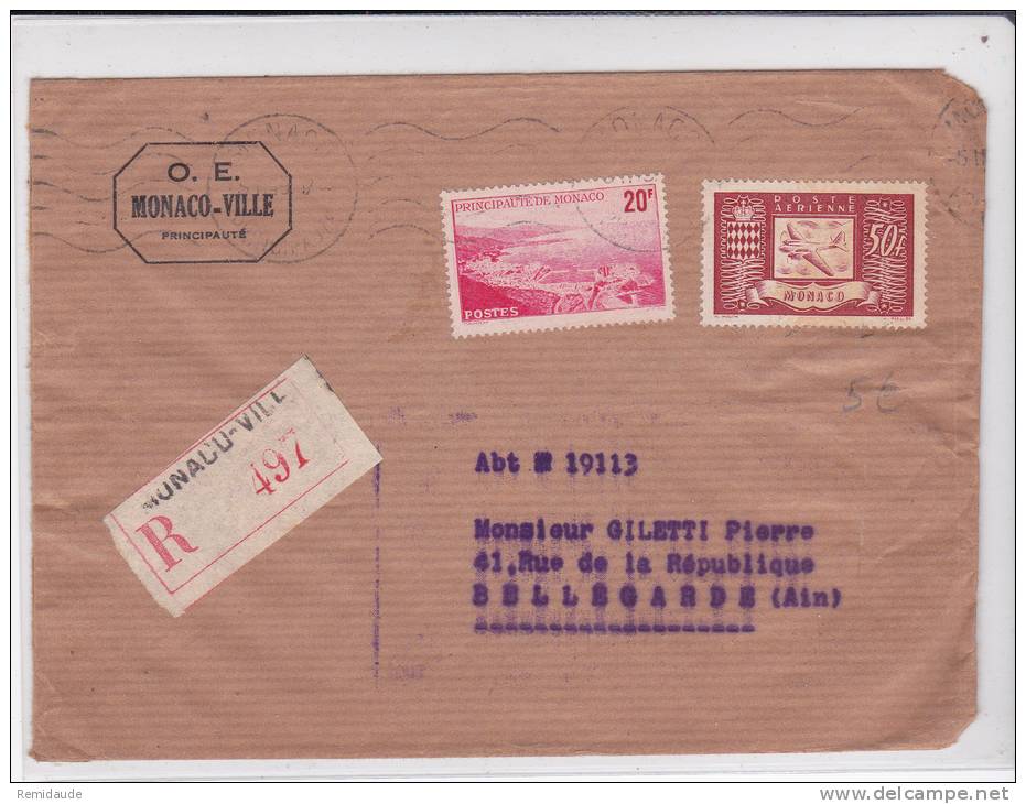 MONACO - 1949 - YVERT N° PA16 + 312 Sur ENVELOPPE RECOMMANDEE Pour BELLEGARDE (AIN) - Storia Postale