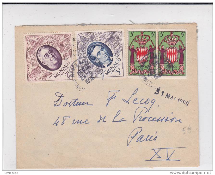 MONACO - 1956 - YVERT N° 445+446+411X2 Sur ENVELOPPE Pour PARIS - Marcophilie