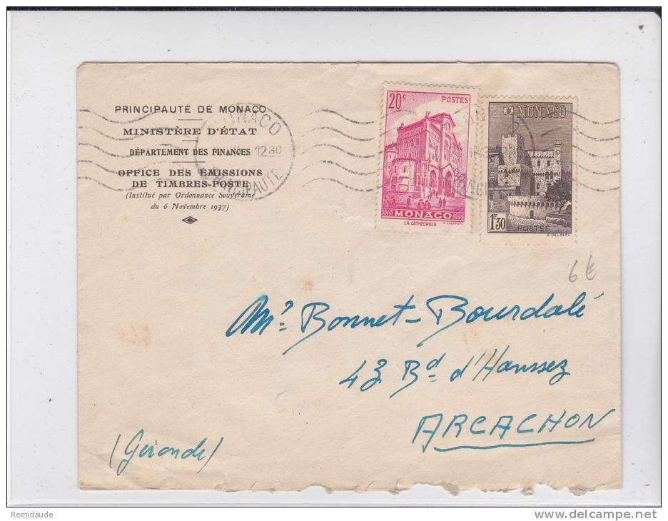 MONACO - 1943 - YVERT N° 177A+169 Sur ENVELOPPE Pour ARCACHON - Postmarks