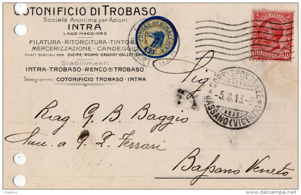 CARTOLINA POSTALE PUBBLICITARIA-COTONIFICIO DU TROBASO-INTRA-FILATURA-RITORCITURA-2-10-1913-SPEDITA A BASSANO VENETO - Mint/hinged