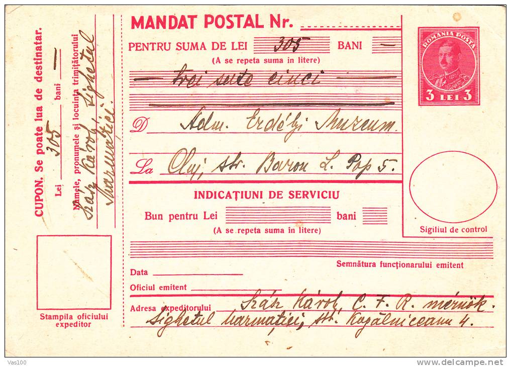 1933 BULETIN D´EXPEDITION MANDATE POSTALE ,IMPRINTED POSTAGE 3 LEI KING MIHAI I Romania. - Parcel Post