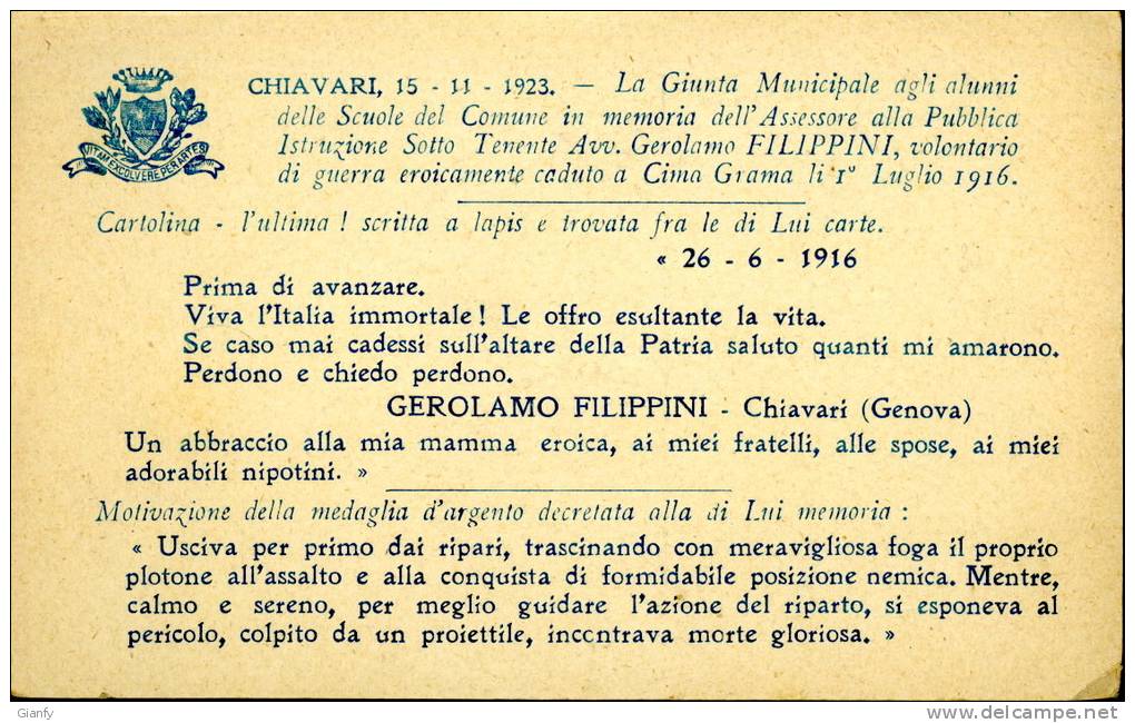 MILITARE CHIAVARI EROE G FILIPPINI 1923 - Autres & Non Classés
