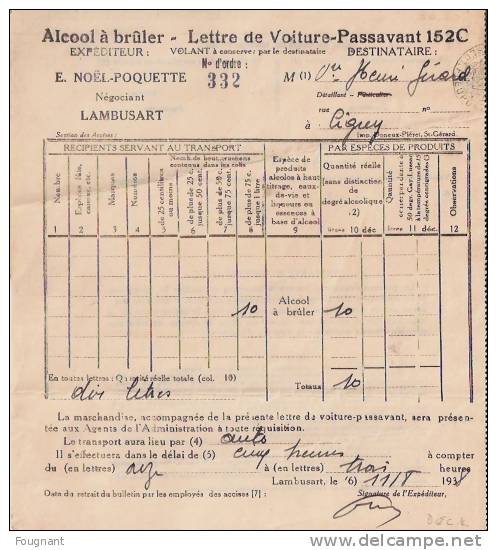 BELGIQUE :1938:lettre De Voiture-Passavant.Alcool à Brûler Pour Me Veuve Gérard,LIGNY. - Europe