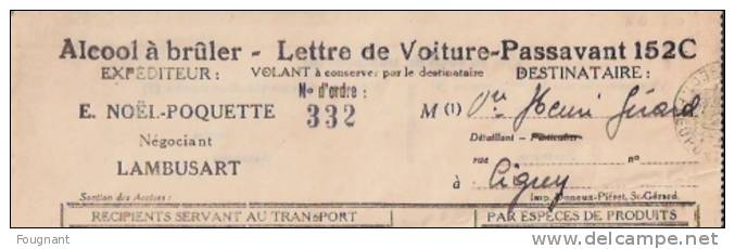 BELGIQUE :1938:lettre De Voiture-Passavant.Alcool à Brûler Pour Me Veuve Gérard,LIGNY. - Europe