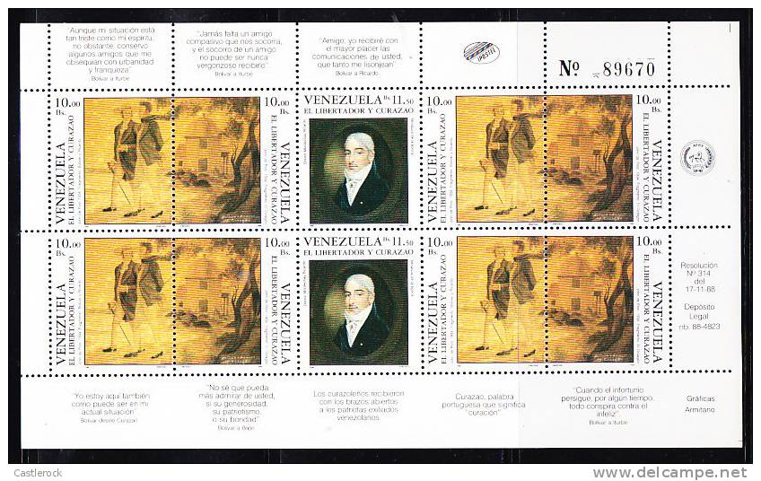 B)1989 VENEZUELA MI2578-2580 PORTRAIT OF RICARDO/THE LIBERATOR IN CURACAO MNH MINISHEET - Venezuela