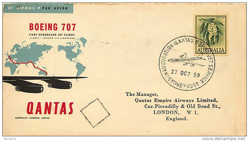 OCT 27 1959 QANTAS First Flight  Sydney To London By Boeing 707  Commemorative Special Camncel Backstamp - Primeros Vuelos