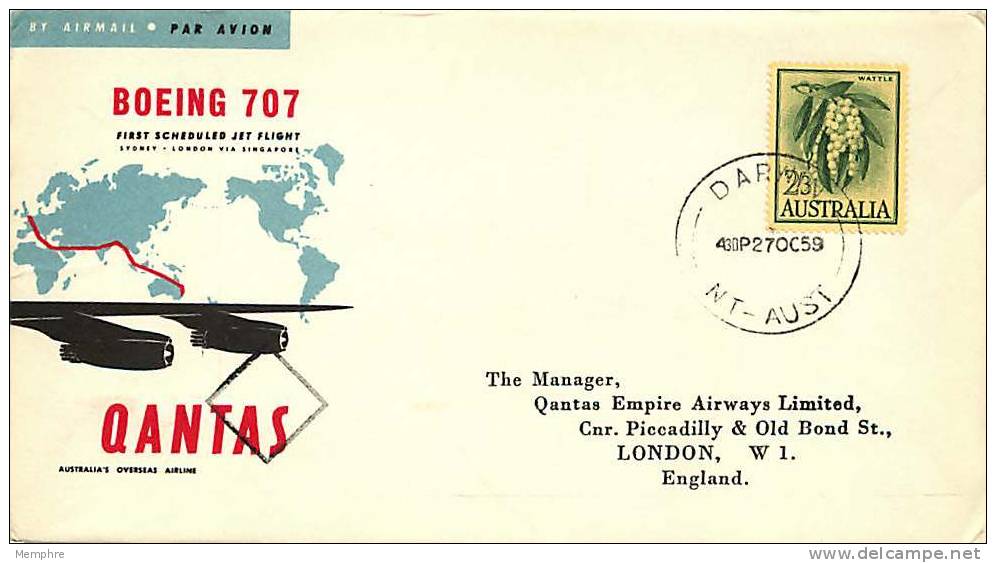 OCT 27 1959 QANTAS First Flight  Sydney To London By Boeing 707  Darwin Cancel Backstamp - Primeros Vuelos