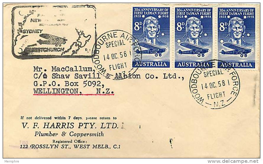 OCT 14 1958  30th Ann Flight Honouring Kingsford-Smith  Woodbourne Air Force Base Special Cancel - Premiers Vols