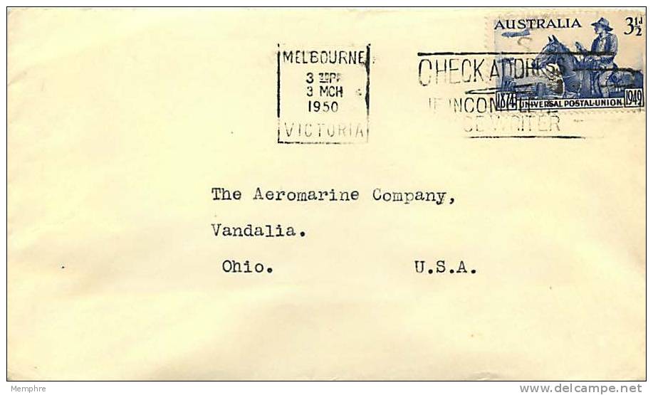 1950 Letter To USA  3 1/2d. UPU 75th Anniversary  Single - Brieven En Documenten