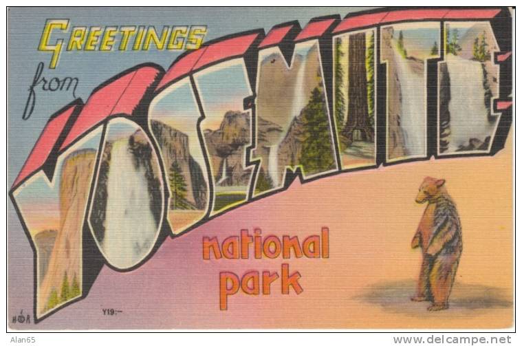 Large Letter Yosemite National Park California Greetings, C1930s Vintage Linen Postcard - USA National Parks