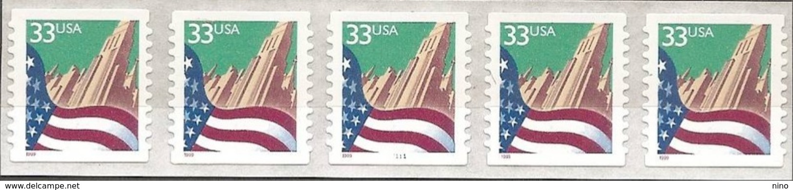 USA. Scott # 3282 MNH Coil Strip Of 5 Pl # 1111. Flag Over City  1999 - Coils (Plate Numbers)