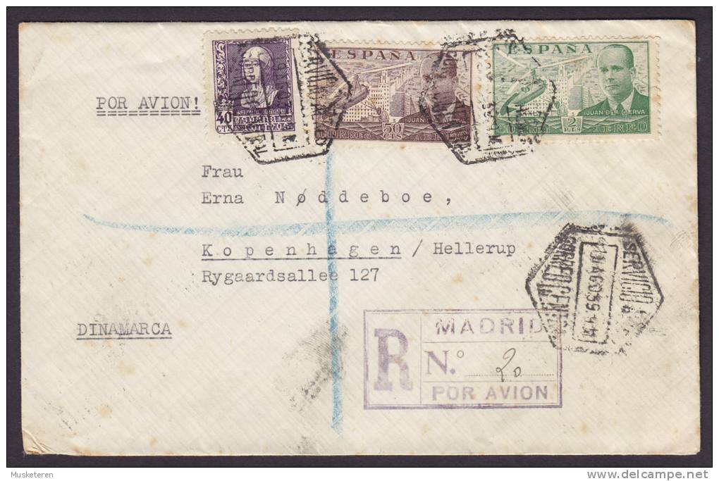 Spain Por Avion Registered Einschreiben Certificada MADRID Boxed No. 20 !! 1939 Cover Brief Letra HELLERUP Denmark - Briefe U. Dokumente