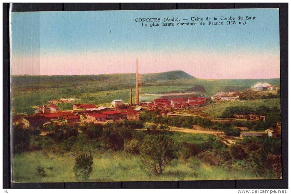 11 - Conques (Aude) - Usine De La Combe Du Saut - La Plus Haute Cheminée De France (115m.) - Dessin, Colorisée - Conques Sur Orbiel