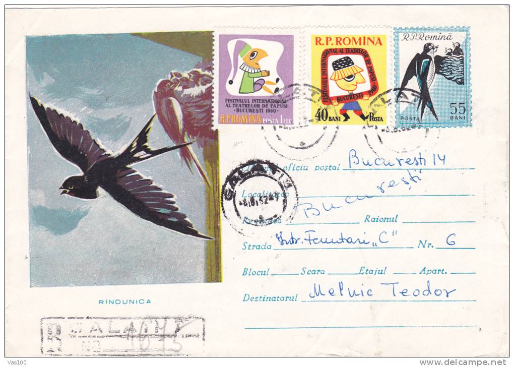 HIRONDELLE SWALOW Regisrted Cover Entier Postal Stationary 1961 Very Rare RRR,Romania. - Zwaluwen