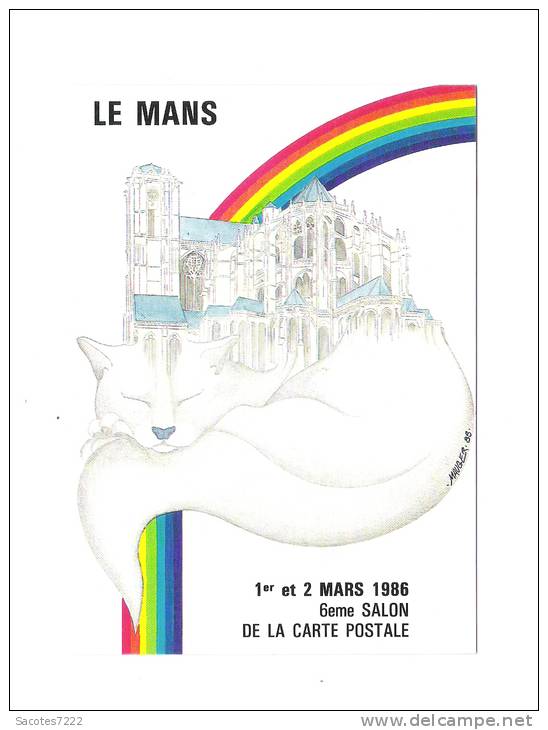 CP SALON DE LA CARTE POSTALE LE MANS 1986 - ILLUSTREE PAR Y. MAUGER - CHAT - - Collector Fairs & Bourses