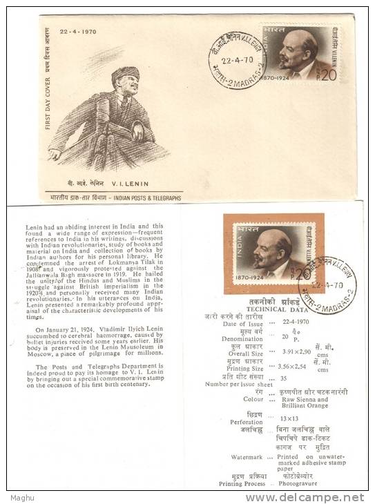 India 1970 FDC + Stamped Info., Lenin, Russia, USSR, Famous People, - Lenin